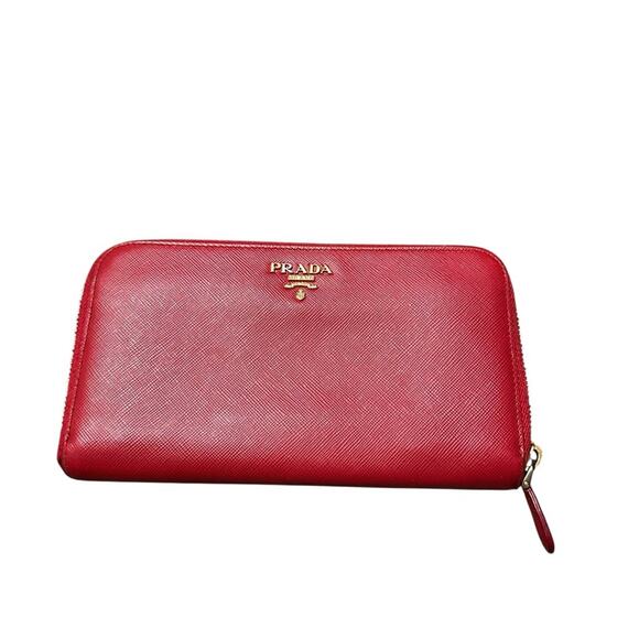 Prada Handbags - Prada Red Saffiano Zip Wallet with Gold Logo